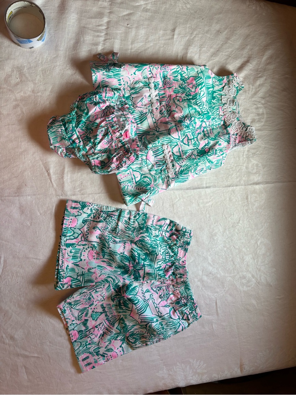 EUC Lilly Pulitzer pink and green brother sister set